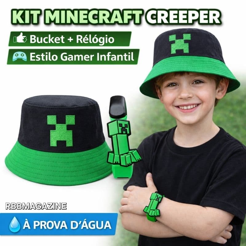 Bucket Chapéu Infantil + Relógio à Prova d’água Minecraft,  Roblox e Sonic