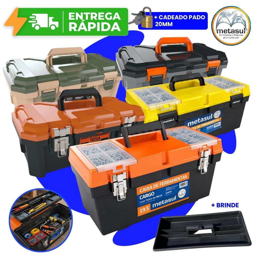 Maleta Caixa de Ferramentas 18.3" e 19.5" Tática ou Cargo Multiuso Reforçada com Bandeja Metasul