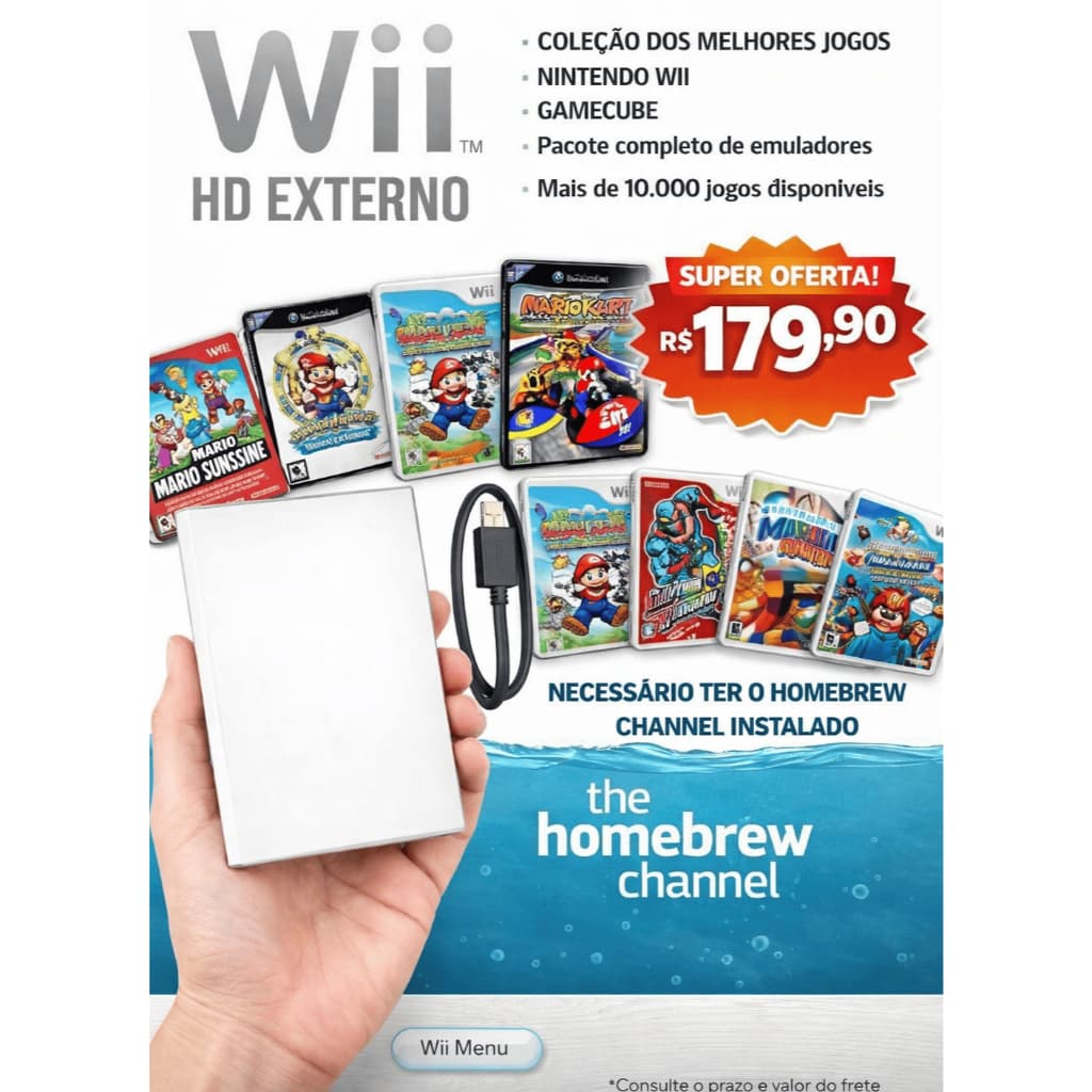 HD Externo 120GB com Case Para Nintendo Wii Biblioteca Gamer Pronto Para Uso