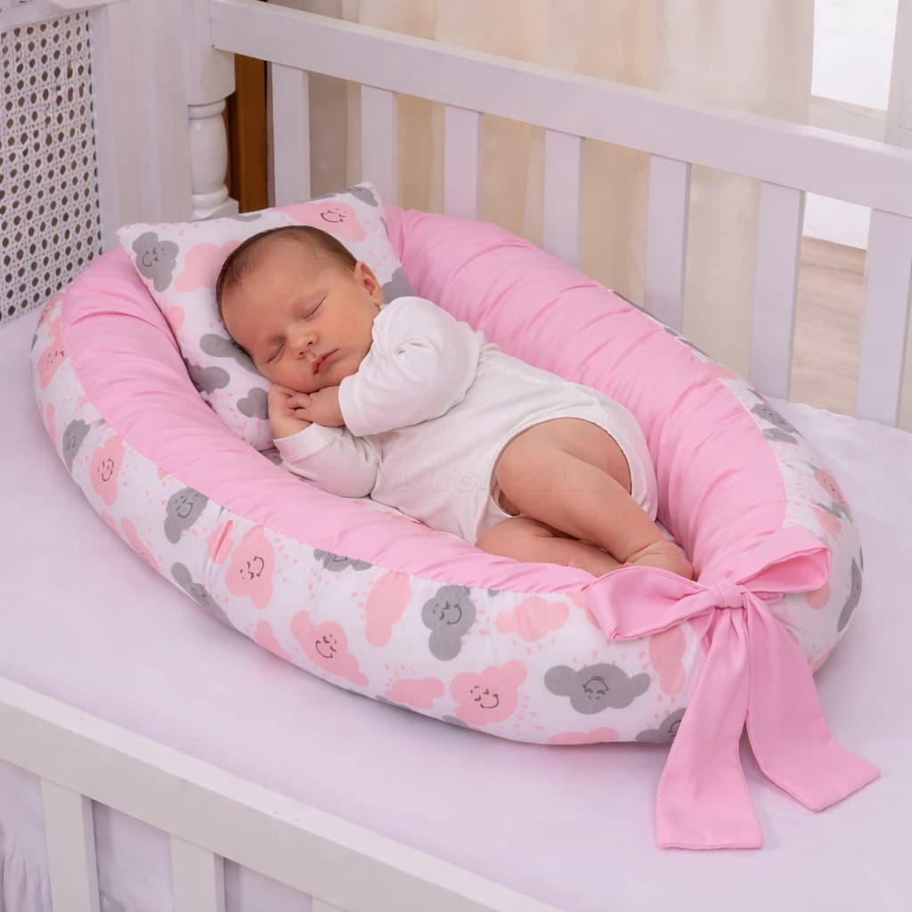 Ninho Redutor Berço Bebe 100% Micropercal + Almofada Anatômica Nuvem Rosa