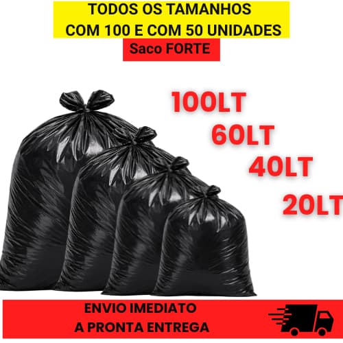 Saco de lixo Reforçado | disponível em 20, 40, 60, 100LT | Alta resistência | direto da fábrica | c/100 e 50un | Preto.
