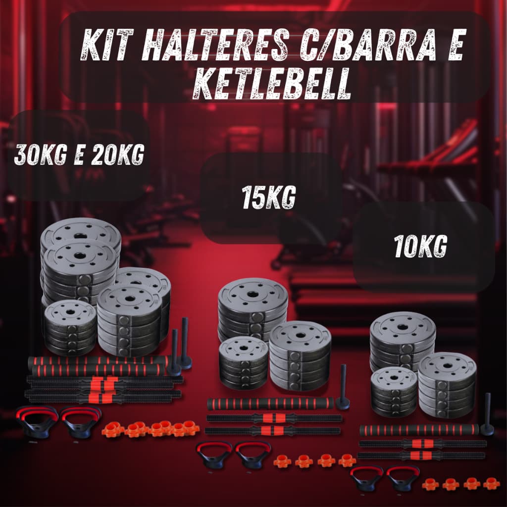 Kit Completo de Musculação 10kg, 15kg, 20kg e 30kg c/Halteres Barra Supino Kettlebell Treino Academia Casa Exercícios