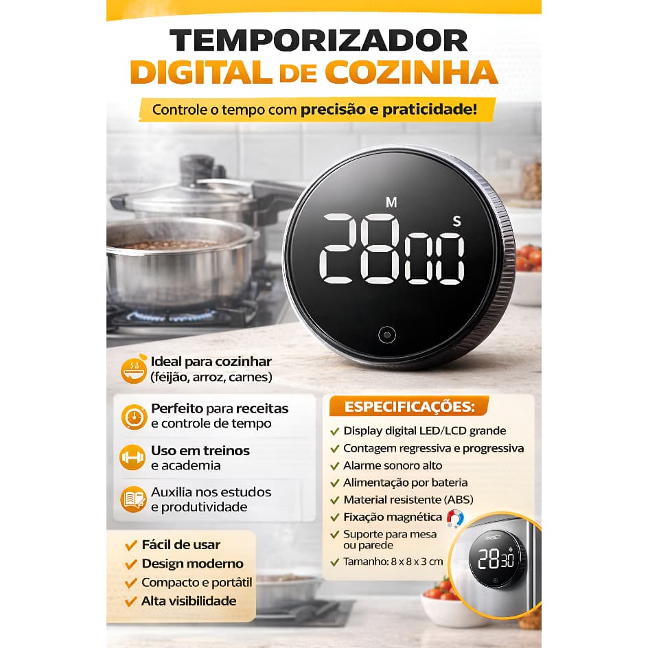 Temporizador Digital Timer Cozinha Magnético Alarme Relógio Academia Estudos Casa Ap Cronometro