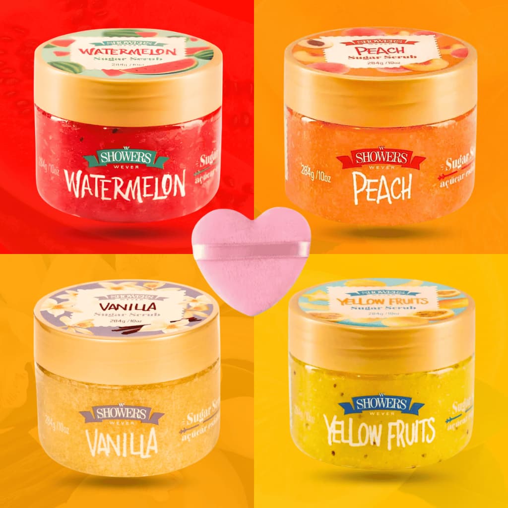 Esfoliante Corporal Sugar Scrub + Esponja Wever Melancia Pêssego Baunilha Hidratante Corpo Rosto