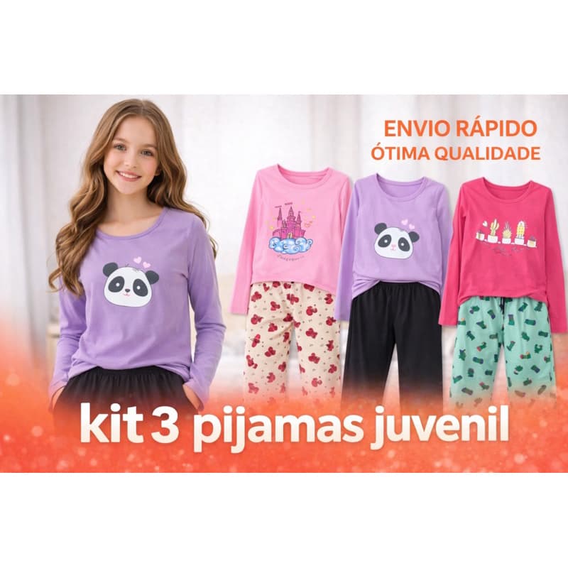 Kit 3 Pijamas Juvenil Menina Confortável Manga Longa Sortido