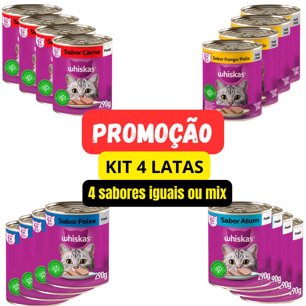 LATA PATÊ WHISKAS GATO 290G SABOR A SUA ESCOLHA KIT 04 UN