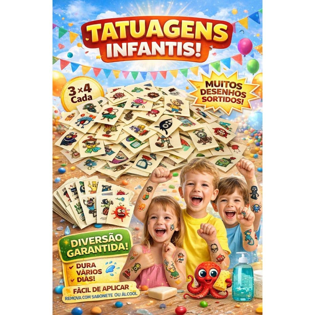 120 Minis tatuagens temporárias infantis 3 x 4 cm