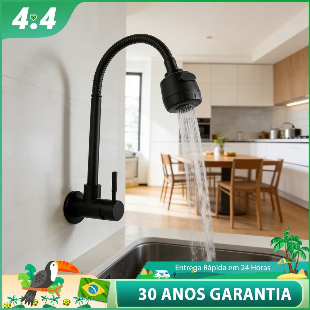 Torneira Gourmet Parede Cozinha Flexível Preta Silicone 360° 2 Jatos Luxo Pronta Entrega
