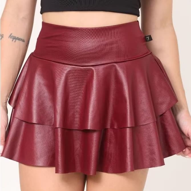 Short Saia Babado Em Cirre Dupla Camada Cos Alto Festa/Balada