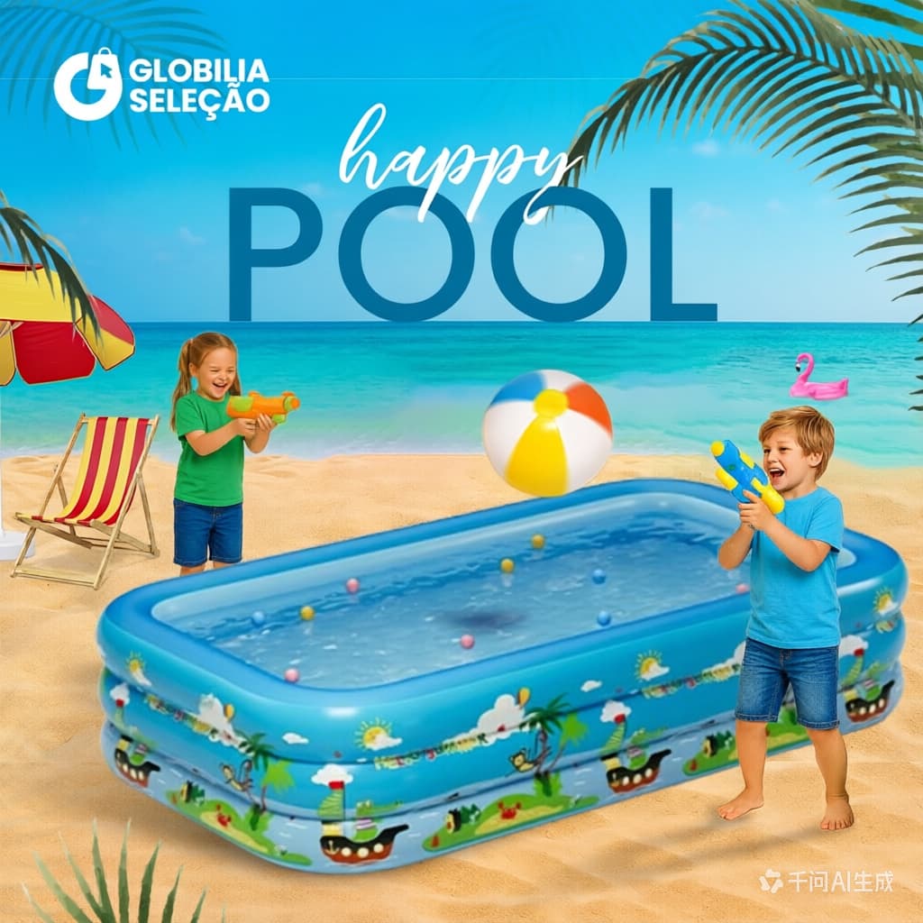 💗Piscina Inflável Retangular Infantil 3 Anéis 460 Litros 180cm x 130cm x 56cm