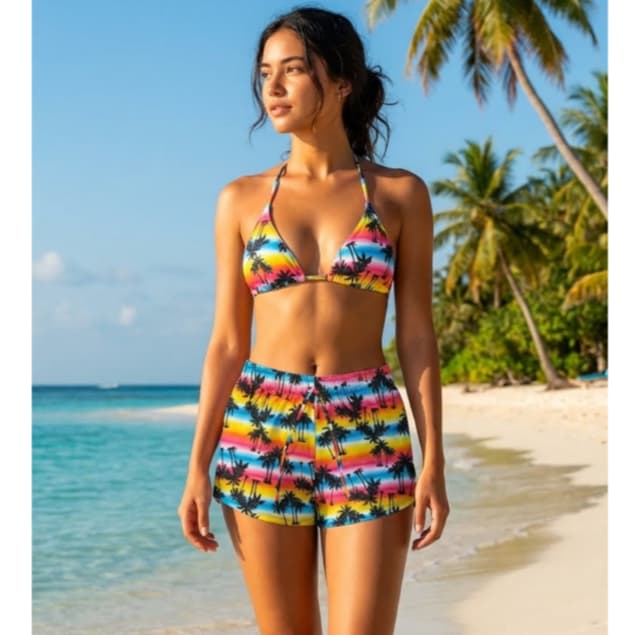 Biquíni 3 Peças com Short Feminino Tropical Verão