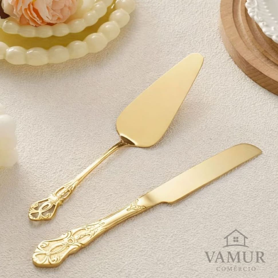 Kit Espátula e Faca Aço Inox Dourada Royal Para Bolo Torta De Servir Mesa Posta