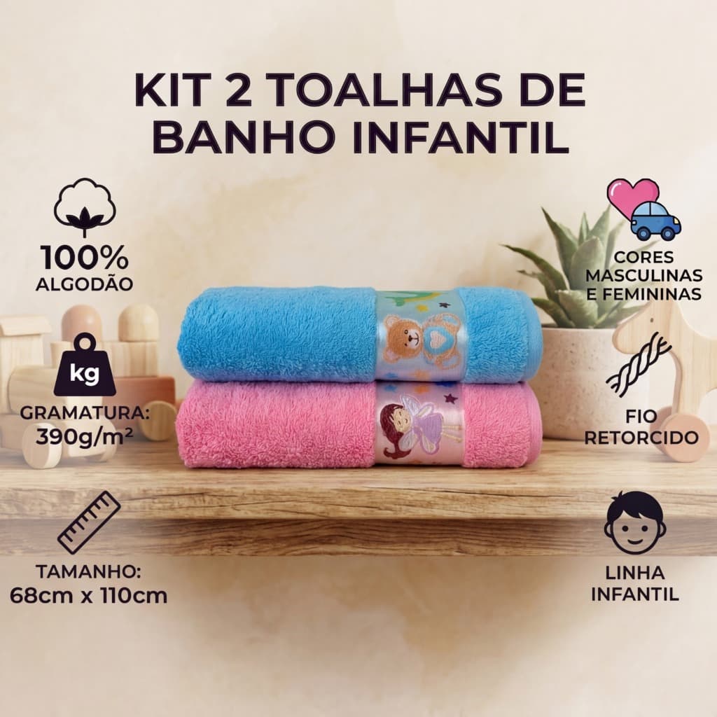 Kit 2 Toalha de Banho Infantil 100% Algodão Soft Kids c/ Desenhos Super Macia