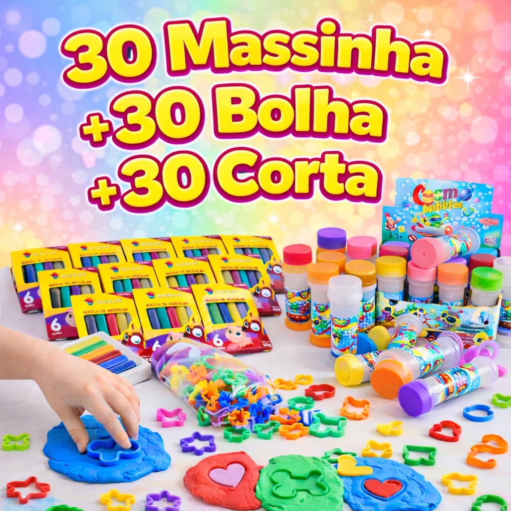 Kit 30 Massinha de Modelar + 30 Bolha de Sabão + 30 Cortador Forminha Infantil Lembrancinha
