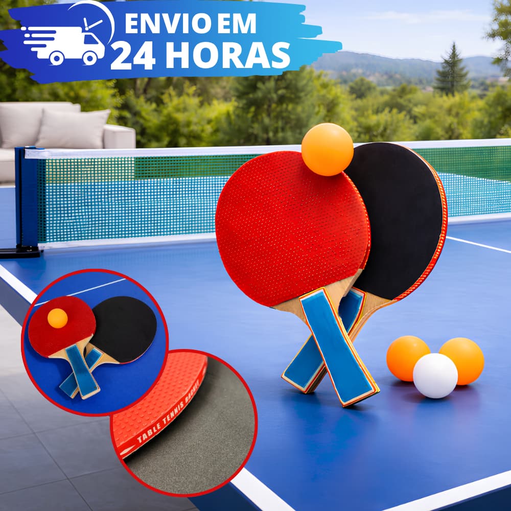 KIT Ping Pong Tênis de Mesa C/ 2 Raquetes Anatômicas, 3 Bolas, 1 Rede e 2 Suportes