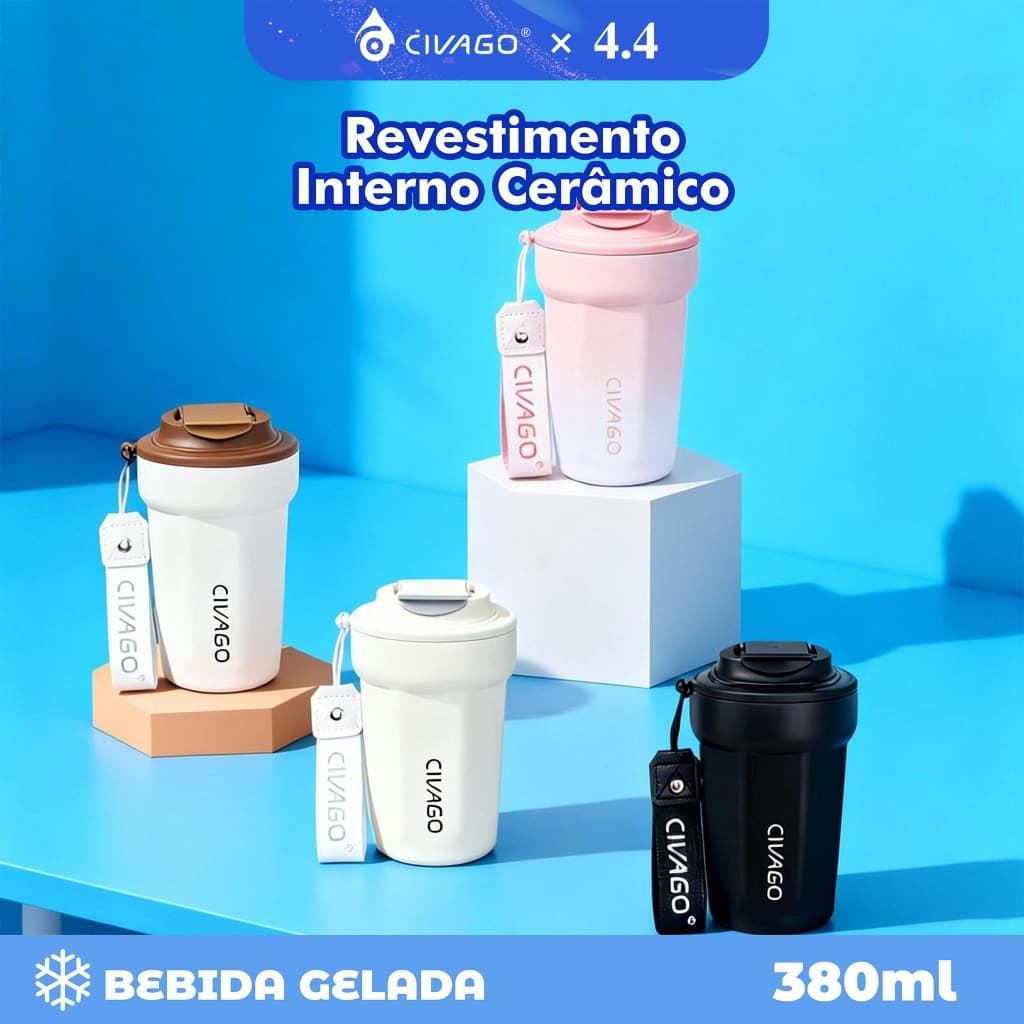 Civago Copo Térmico  380mL Garrafa Térmica Café Chá bebida gelada Revestimento Interno Cerâmico Com Tampa Quente/Frio