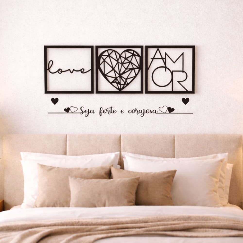 Kit 3 Quadros Decorativos Amor Coração + Frase de parede Seja forte e corajosa Mdf