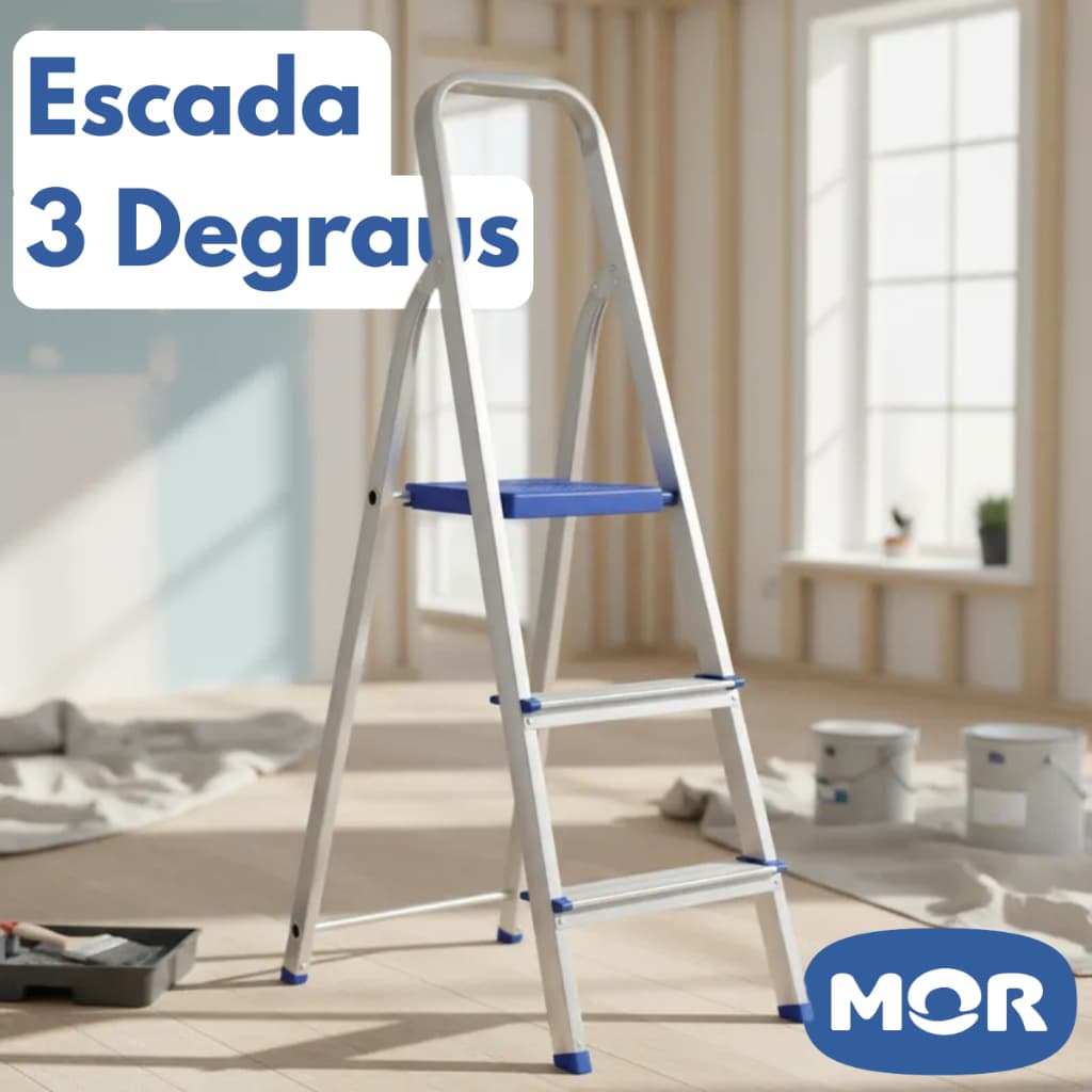 Escada De Alumínio Doméstica 3 Degraus Reforçada Resistente Dobrável Suporta 120Kg Leve Segura