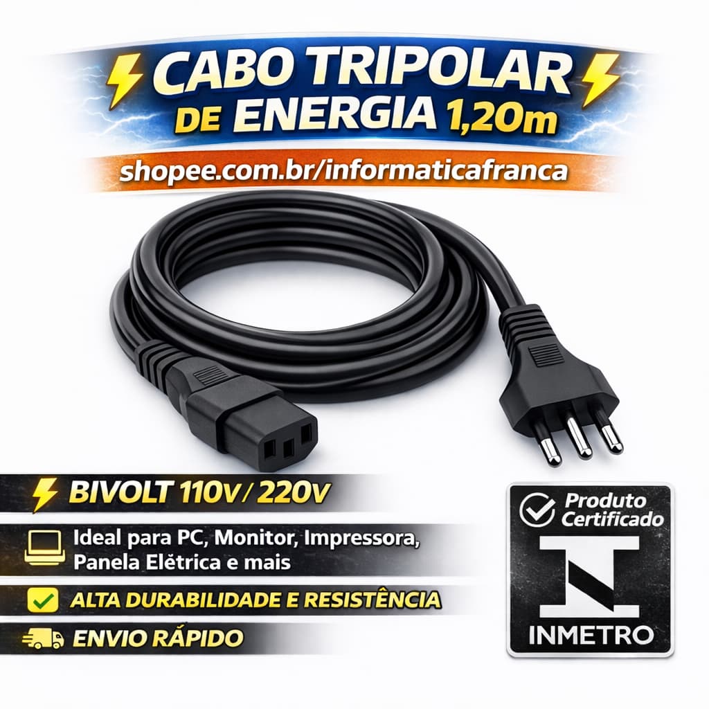 Cabo De Força Fonte Tripolar 1.2m de cpu e monitor