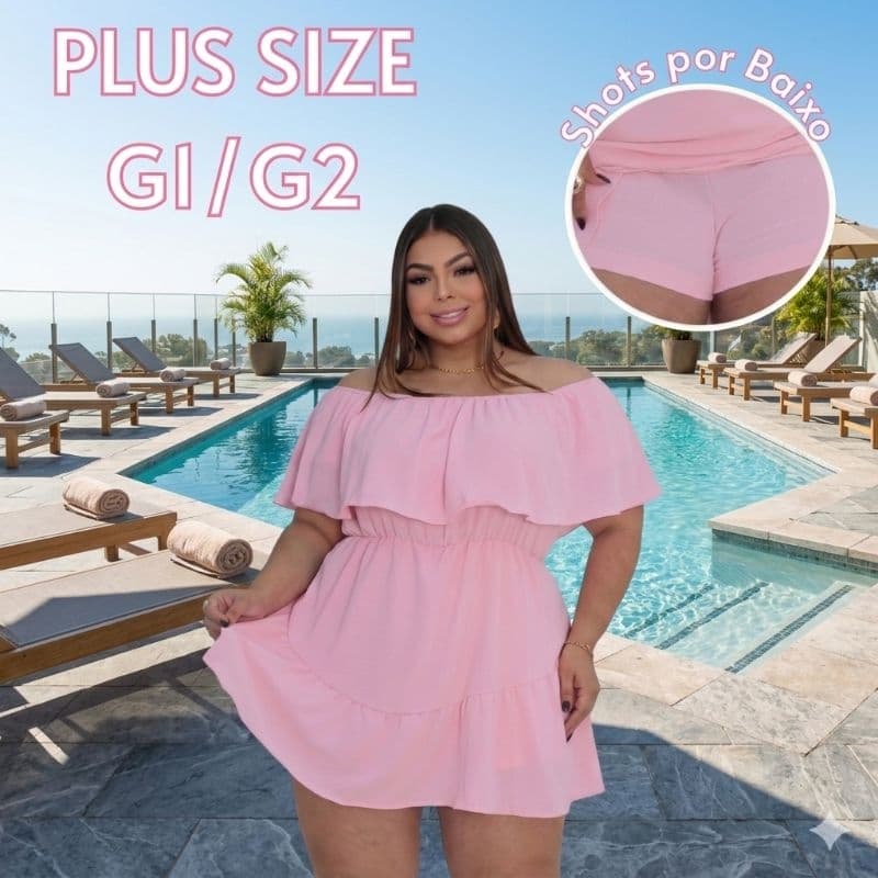 Macaquinho Plus Size Ombro a Ombro Vestido Short Saia Duna G1 G2 Casual Praia Festa Verão Feminino