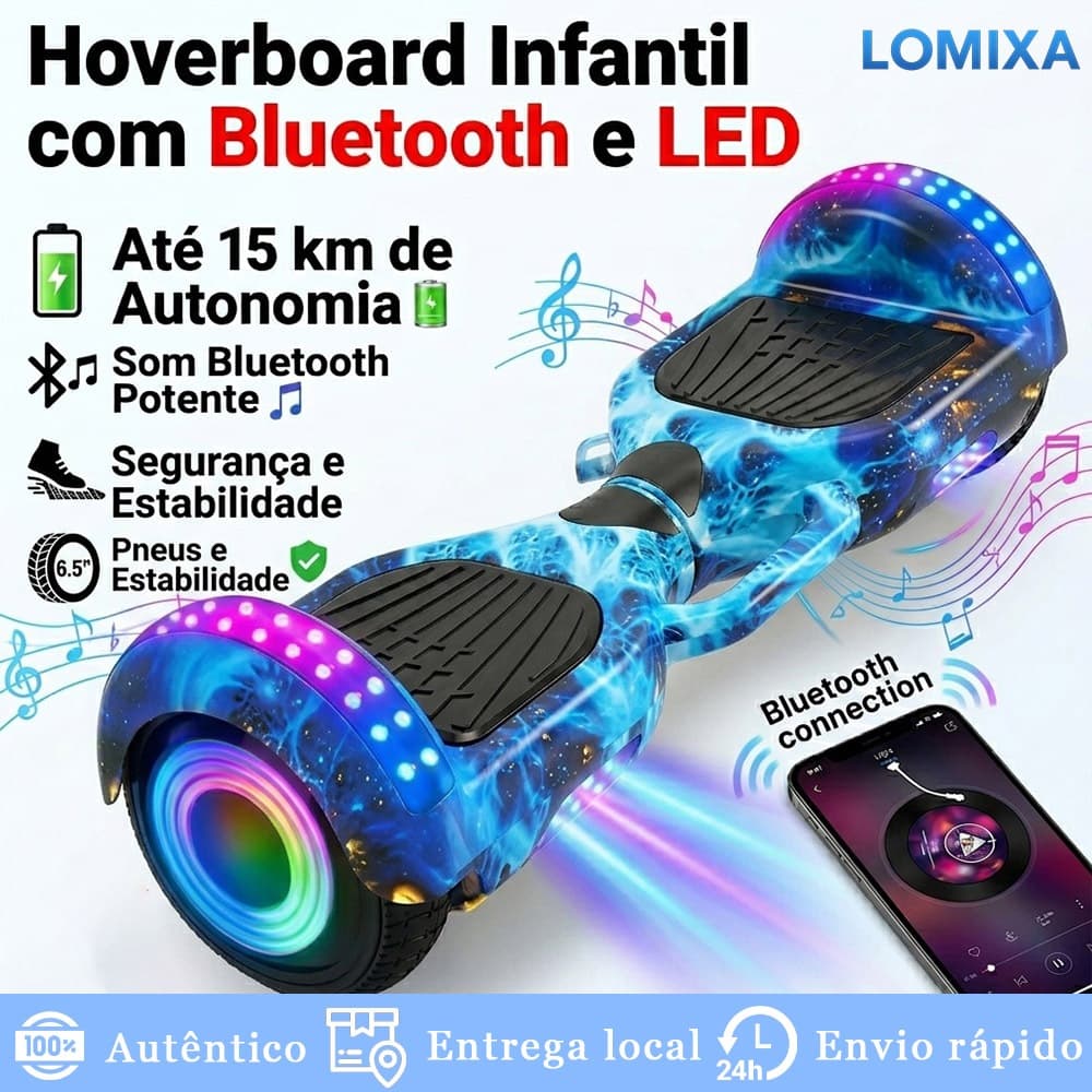 Hoverboard Infantil 6.5/8 Polegadas Skate Elétrico Bluetooth Motor Brushless Bateria Grande Capacidade LED