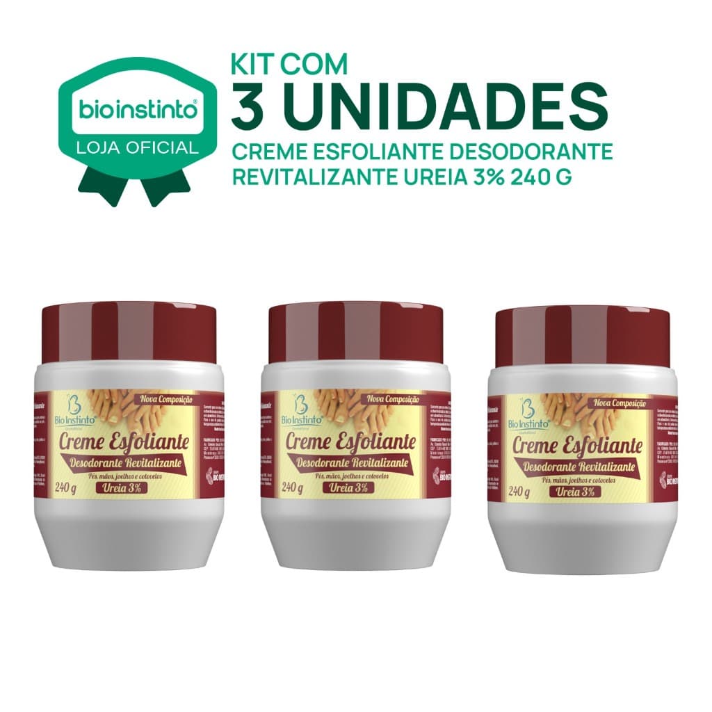03 UN CREME ESFOLIANTE 240g Desodorante Revitalizante Bio Instinto Pés, Mãos Pele Macia Hidratação