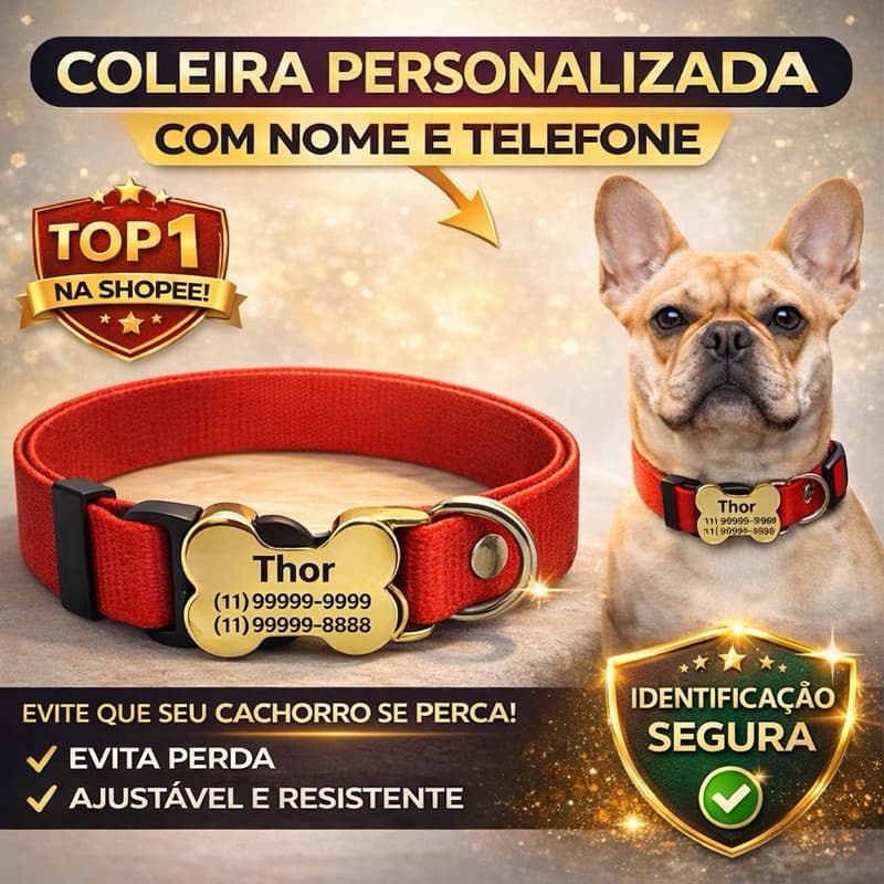 Coleira para Cachorro Personalizada com Nome e Telefone no Fecho | Identificação Pet | Ajustável e Segura P|M|G