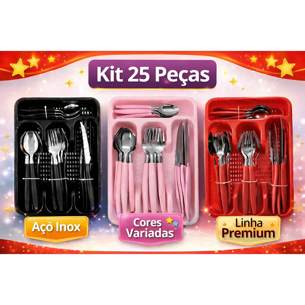 Kit Conjunto Talher Faqueiro com até 25 Peças Aço Inox Cozinha Com Suporte Para Gaveta - Preto - Vermelho - Rosa