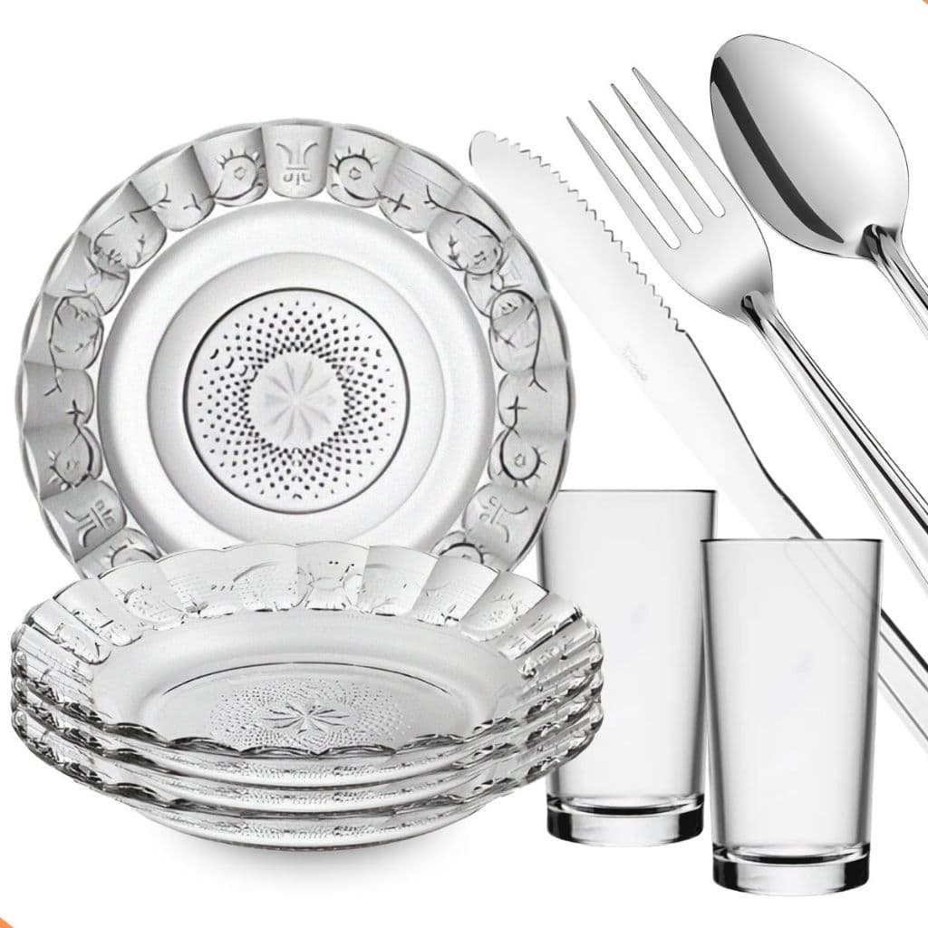 Jogo De Pratos Fundos C/20 Peças Aparelho De Jantar Em Vidro, Talheres Inox