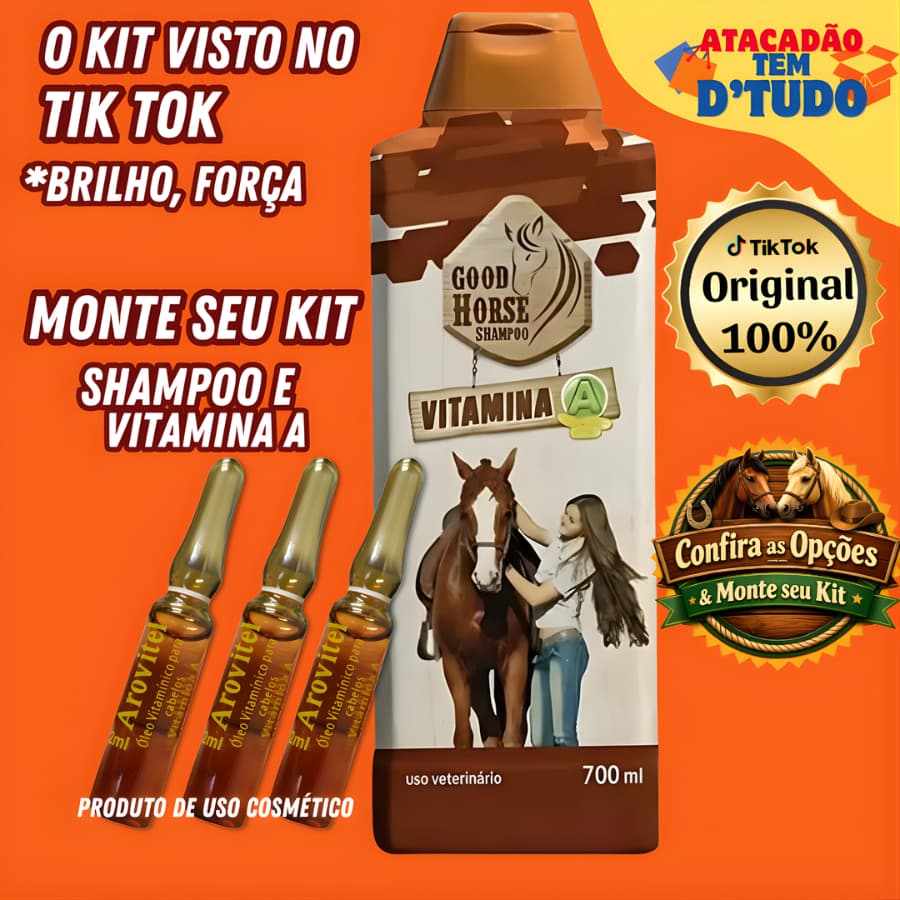 Kit Capilar Good Horse + Arovitel Vitamina A 2ml – Brilho, Força e Cabelos Saudáveis- Uso Cosmético
