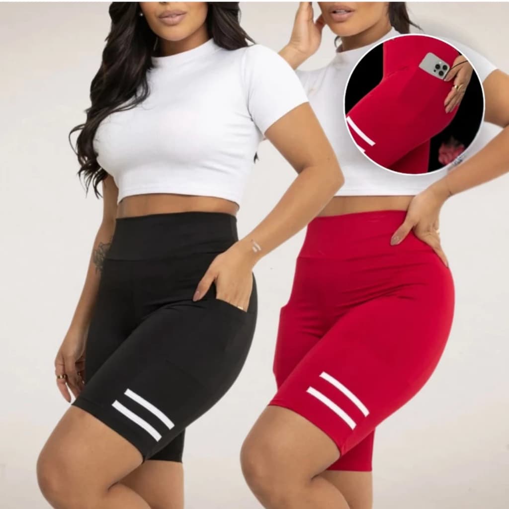 Bermuda Suplex Corrida Cintura Alta Sem Transparência Roupa Treino Feminina Bolso Lateral Academia