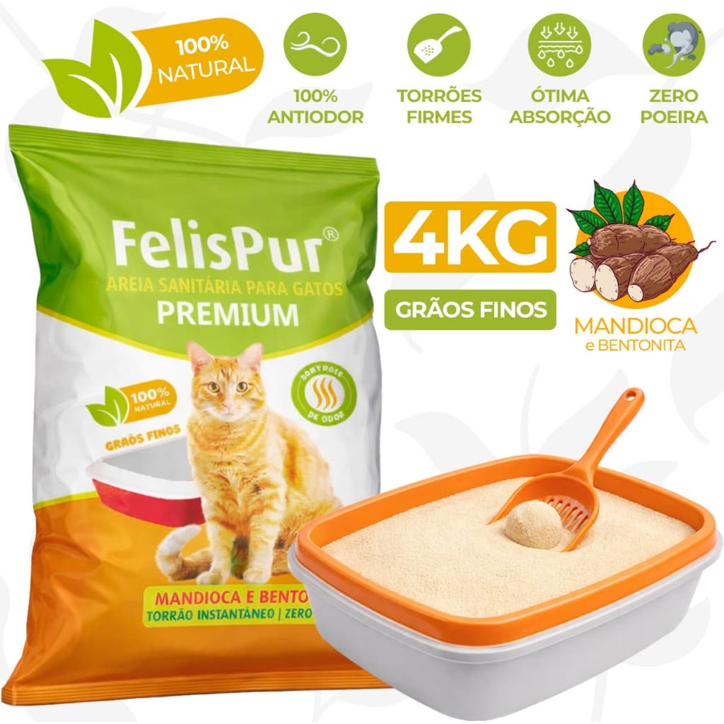 Areia de Gato 4kg Biodegradável Mandioca Higiênica Grãos Ultra Finos Natural Rendimento Baixo Odor