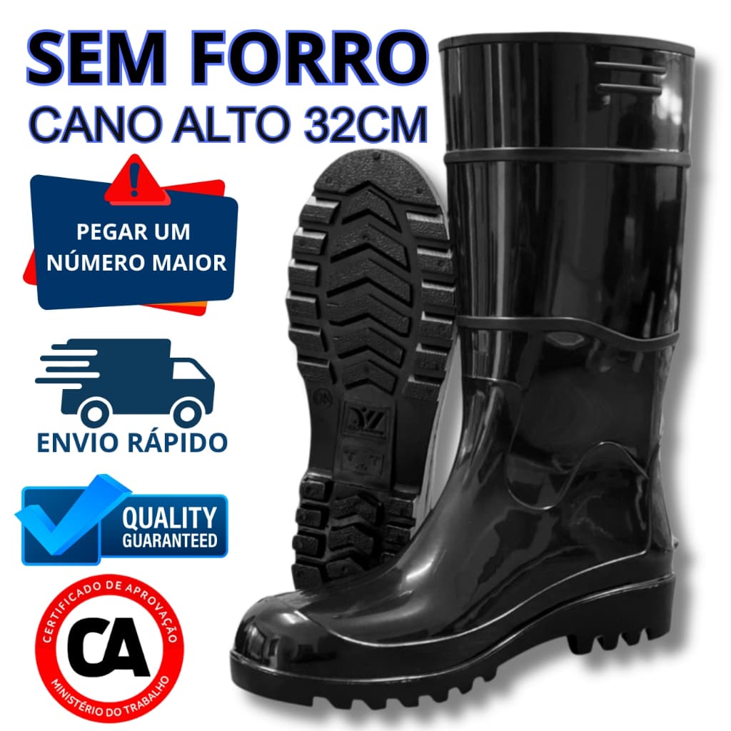 PVC Galocha Unissex Preta 32cm Cano Longo Impermeável Industrial Sem Forro Ideal Lavagem Chuva