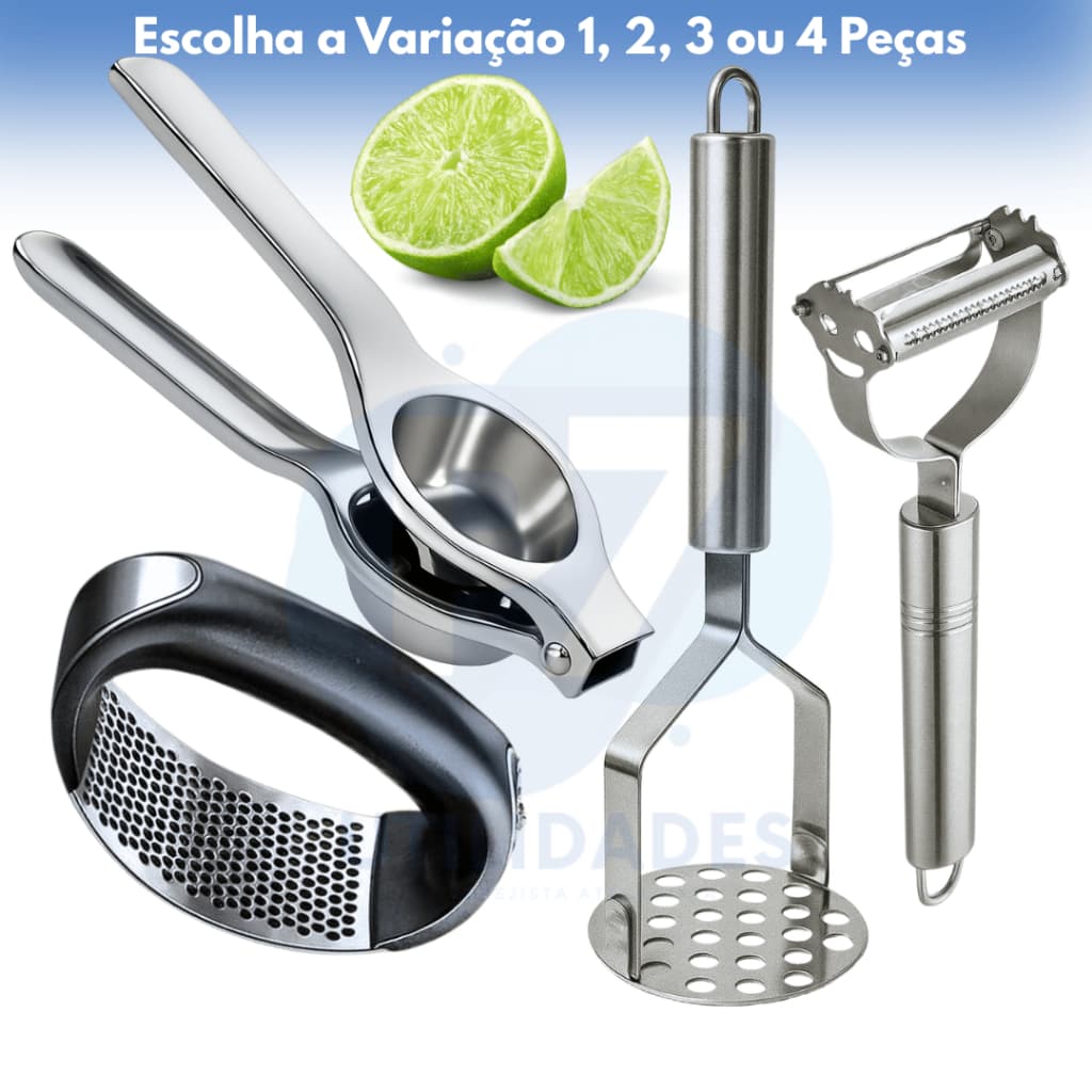 Kit 1, 2, 3 ou 4 Peças Espremedor de Alho e Limão, Descascador de Legumes Amassador de Batata Inox