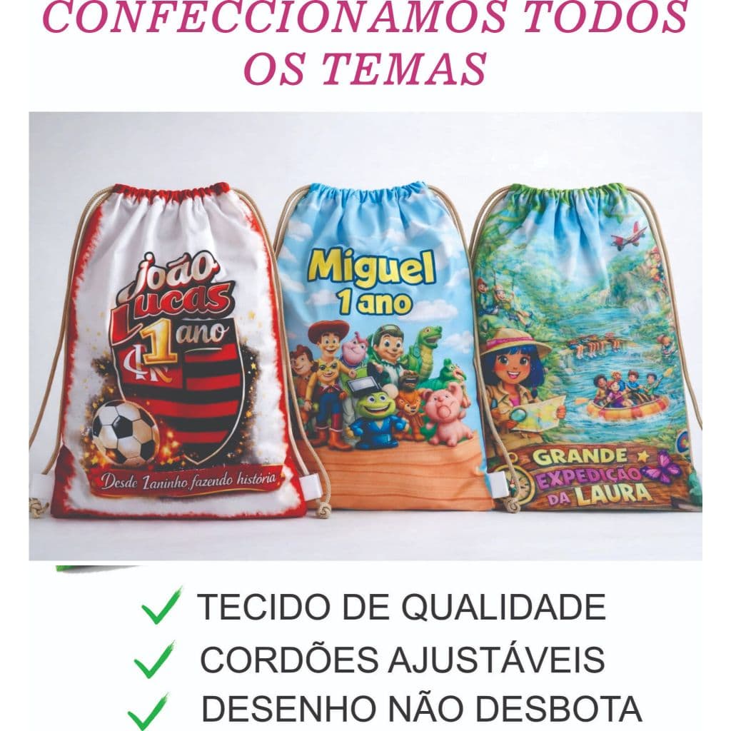 40 Mochilas Saco 20x29 Personalizadas Festa Infantil PROMOÇÃO