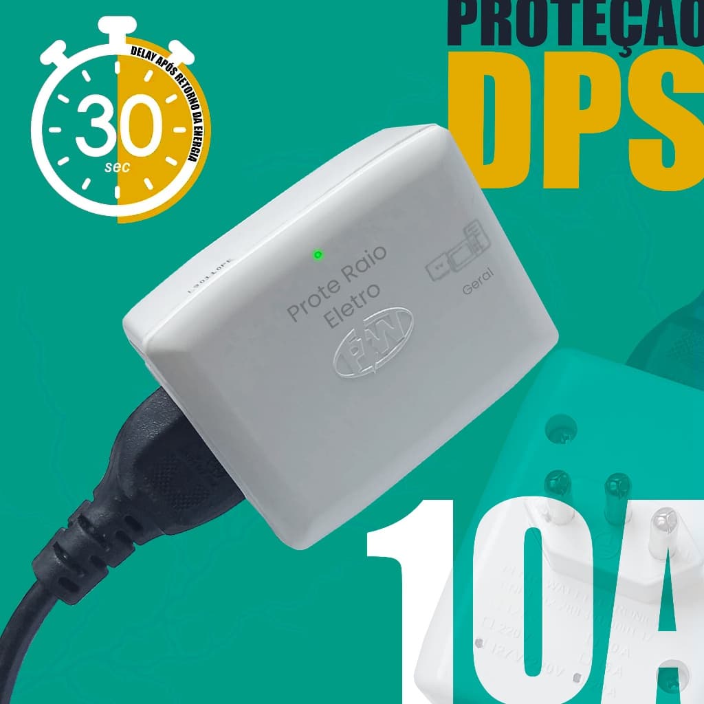 Protetor DPS Contra Raio Surtos Picos Elétricos com Delay 30 segundos 2 Tomadas 127v e 220v 10A PW