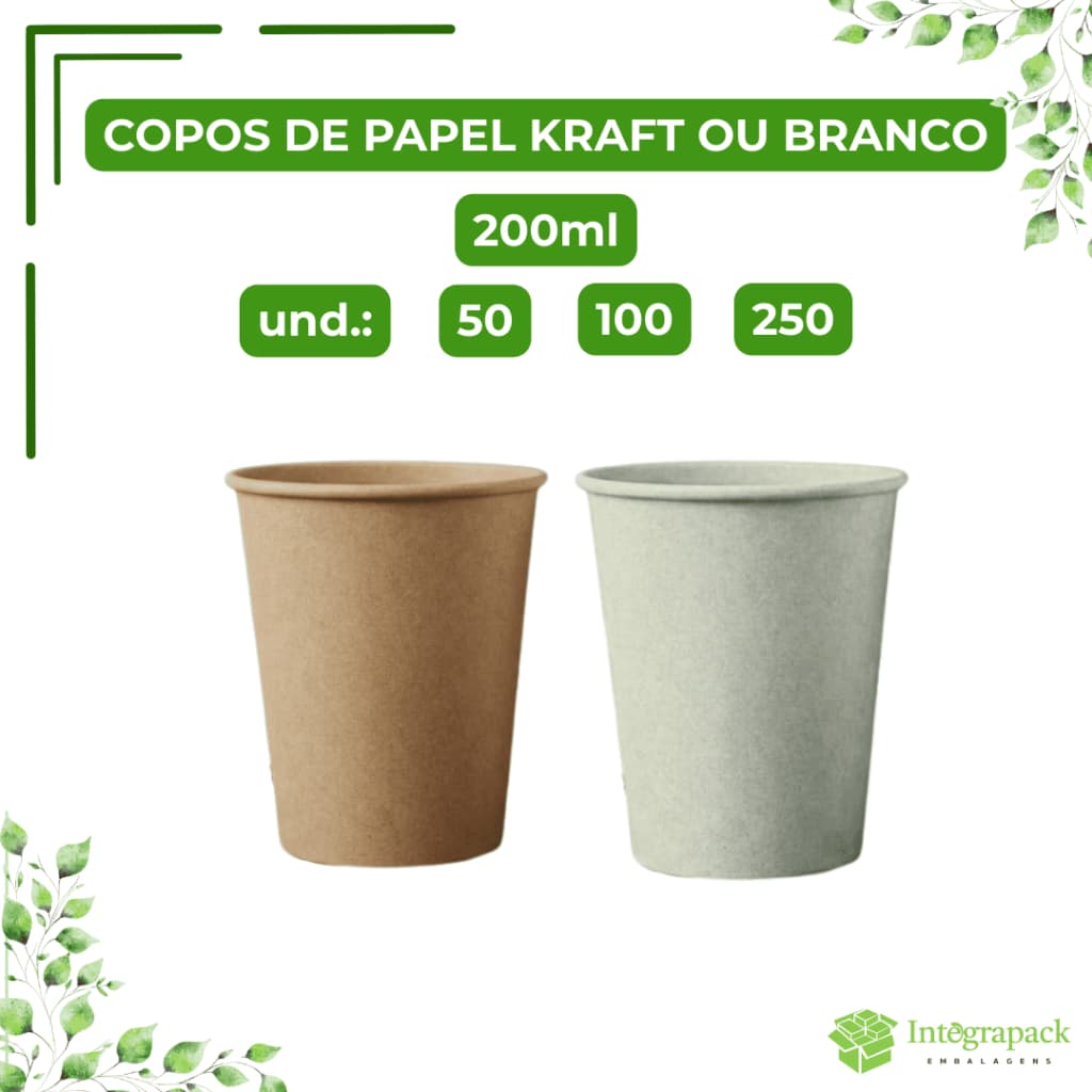 Copo de Papel Branco ou Kraft 200ml Descartável para Café Chá Água Bebidas Quentes Frias