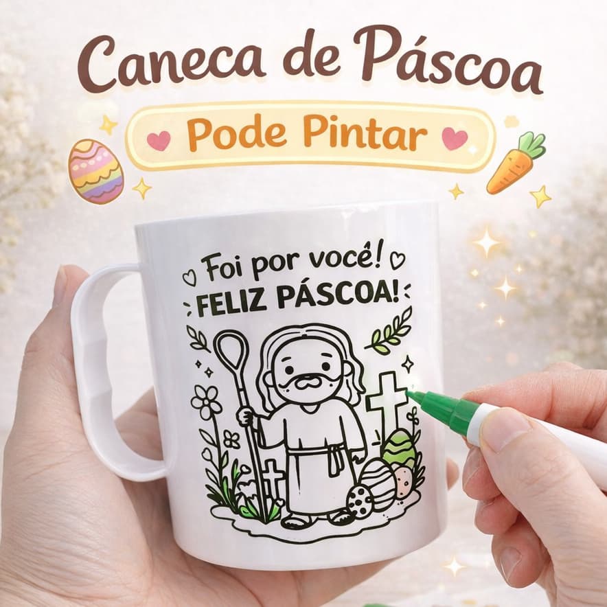 KIT COM ATÉ 50 CANECAS 400ML PLÁSICO PÁSCOA CRISTÃ P/ PINTAR/COLORIR, PRESENTE, CHOCOLATE, LEMBRANÇA