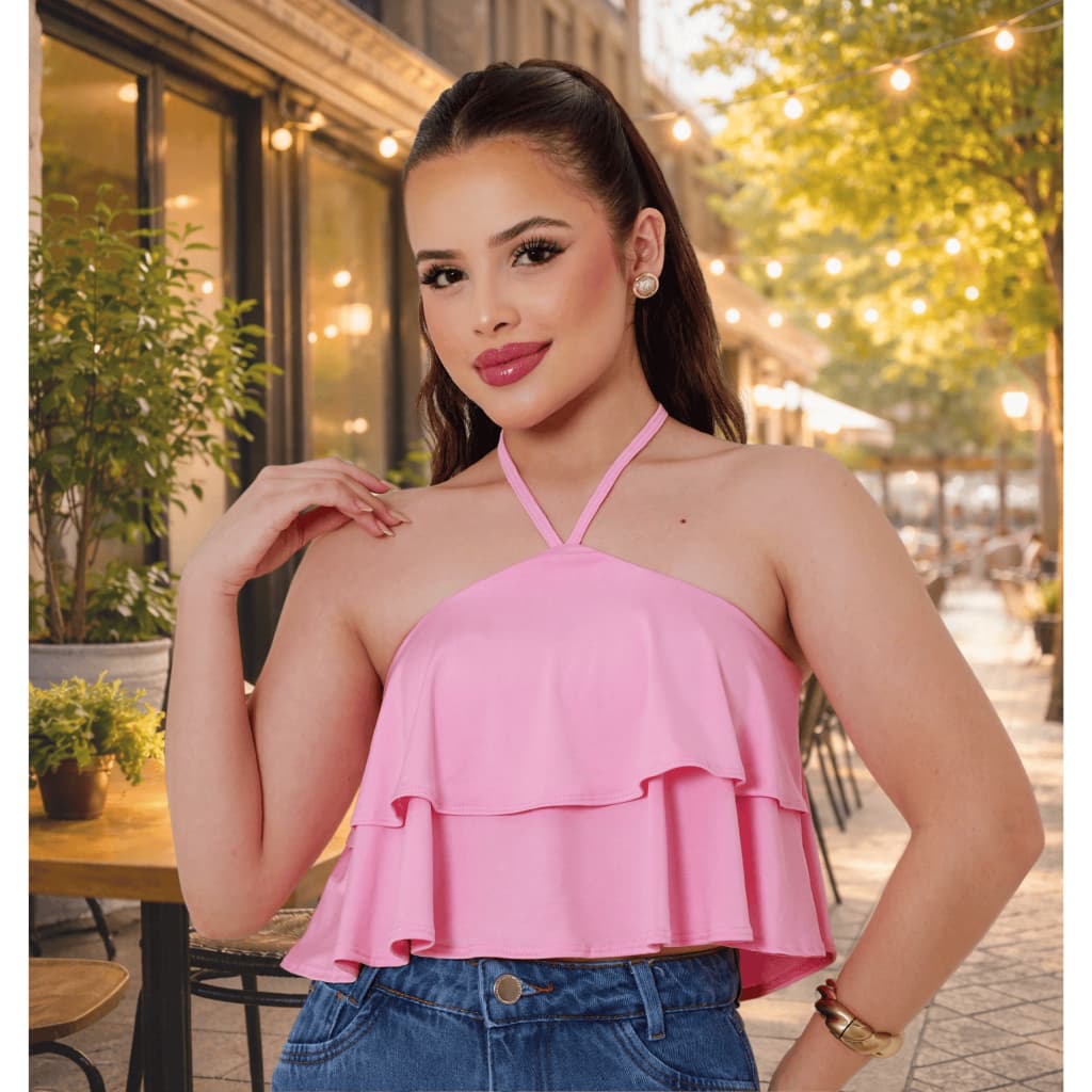 Cropped de Camada em Babados Feminino Juvenil com Amarração no Pescoço e Top por Baixo Blogueirinha