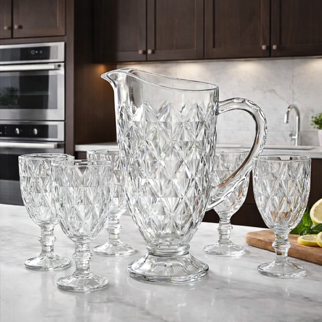 Kit 7 pçs Jarra de Vidro 1,8L + 6 Taças 330ml Jogo de Copos Conjunto Diamante P/ Água Suco Vinho
