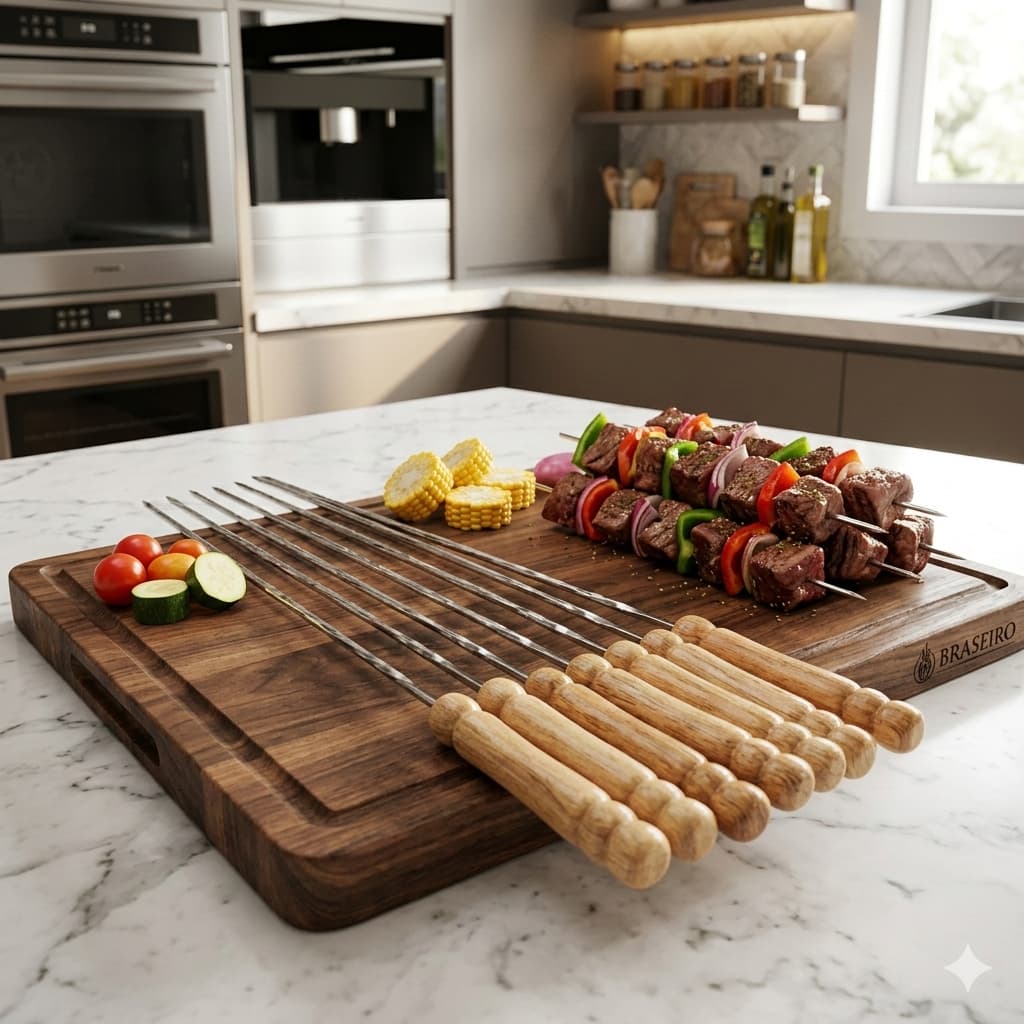 Kit 12 Mini Espetos Para Churrasco Aço Inox Cabo Madeira 33cm Espetinho Grill Churrasqueira Camping Petisco Resistente