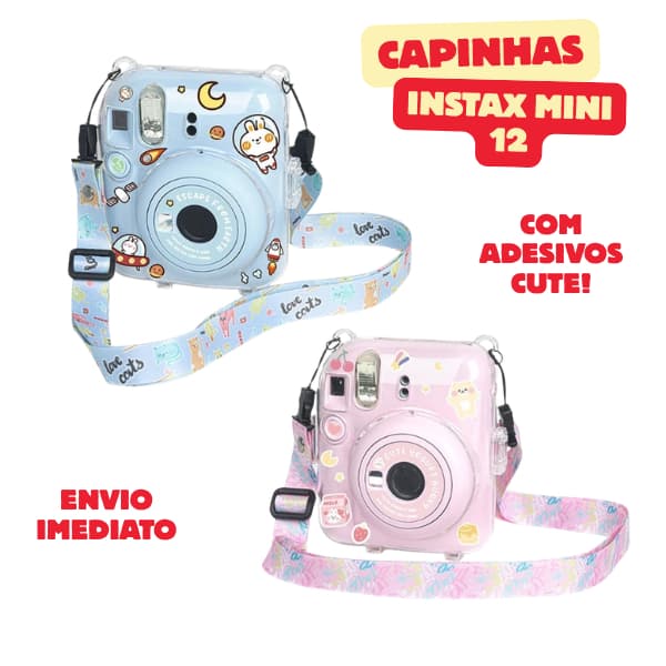 Capa Capinha rosa ou azul cute Instax Mini 12 Case Para Câmera Instantânea Capa Protetora Com Alça + PORTA FOTOS