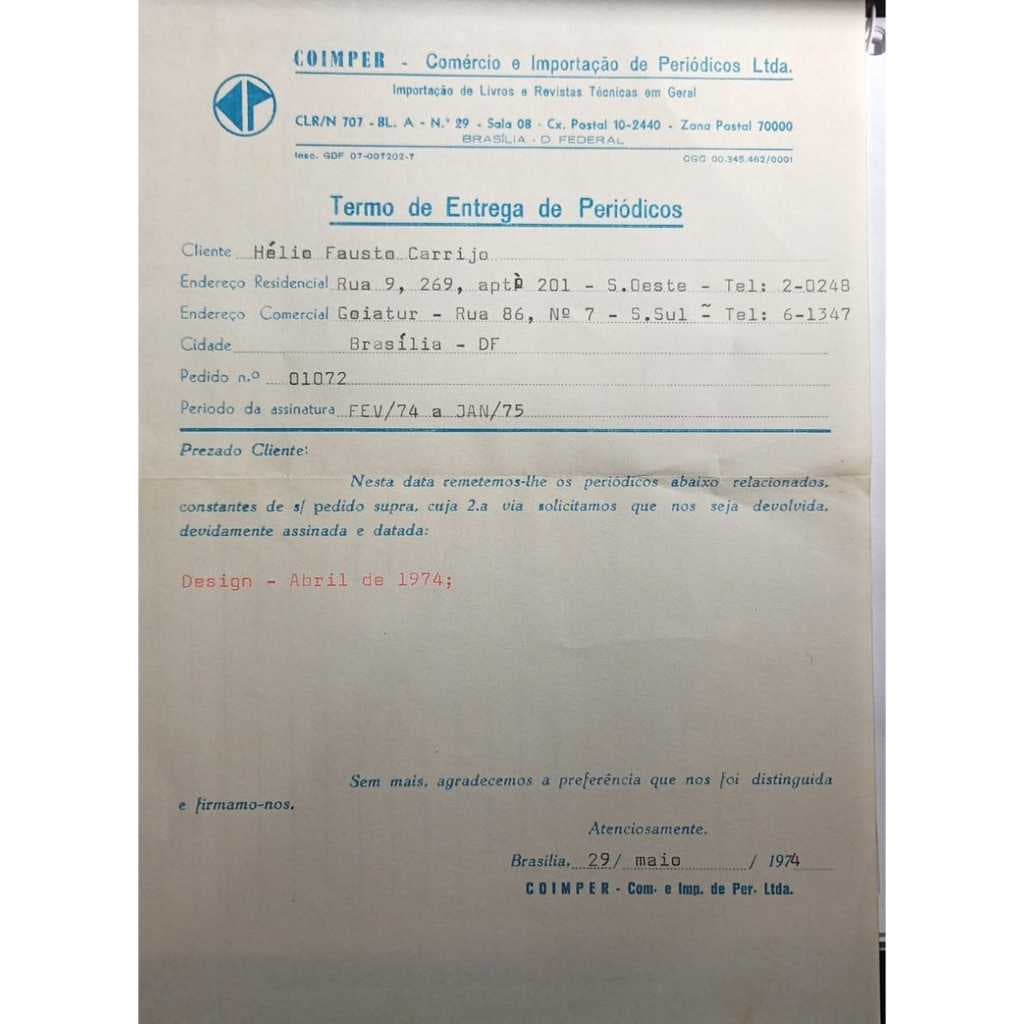 Termo de Entrega de Periódicos COIMPER (Brasília, 1974)