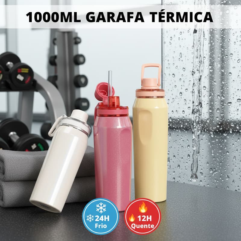Belifou Garrafa Térmica Inox 1000ML/800ML/600ML Portátil Parede Dupla Quente e Frio Para Academia