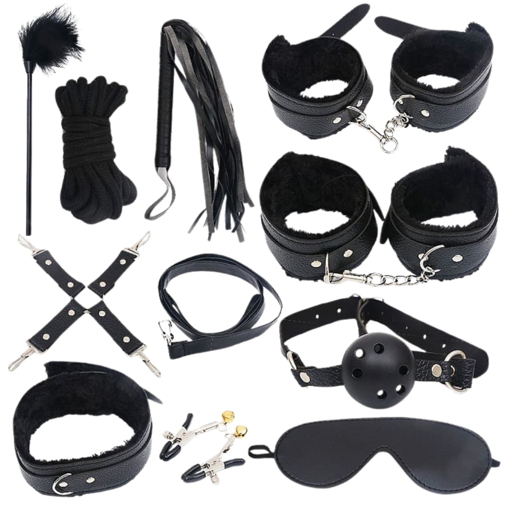 Kit BDSM 10 Peças Couro Bondage Fetiche Dominação Submissão Sado Mordaça Algema Chicote Coleira Gag Ball
