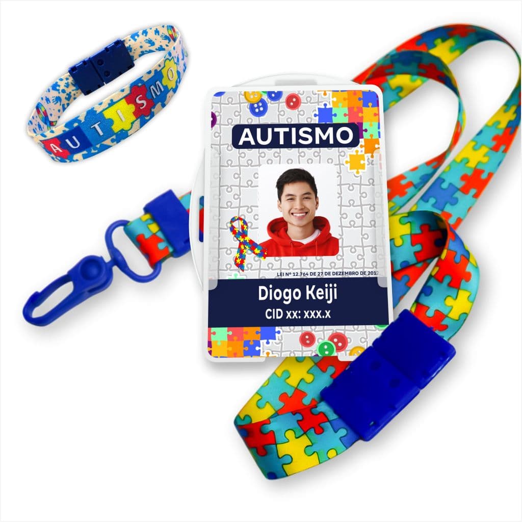 Kit Crachá Autista PERSONALIZADO + Cordão com Trava de Segurança + Porta Crachá + Pulseira PCD