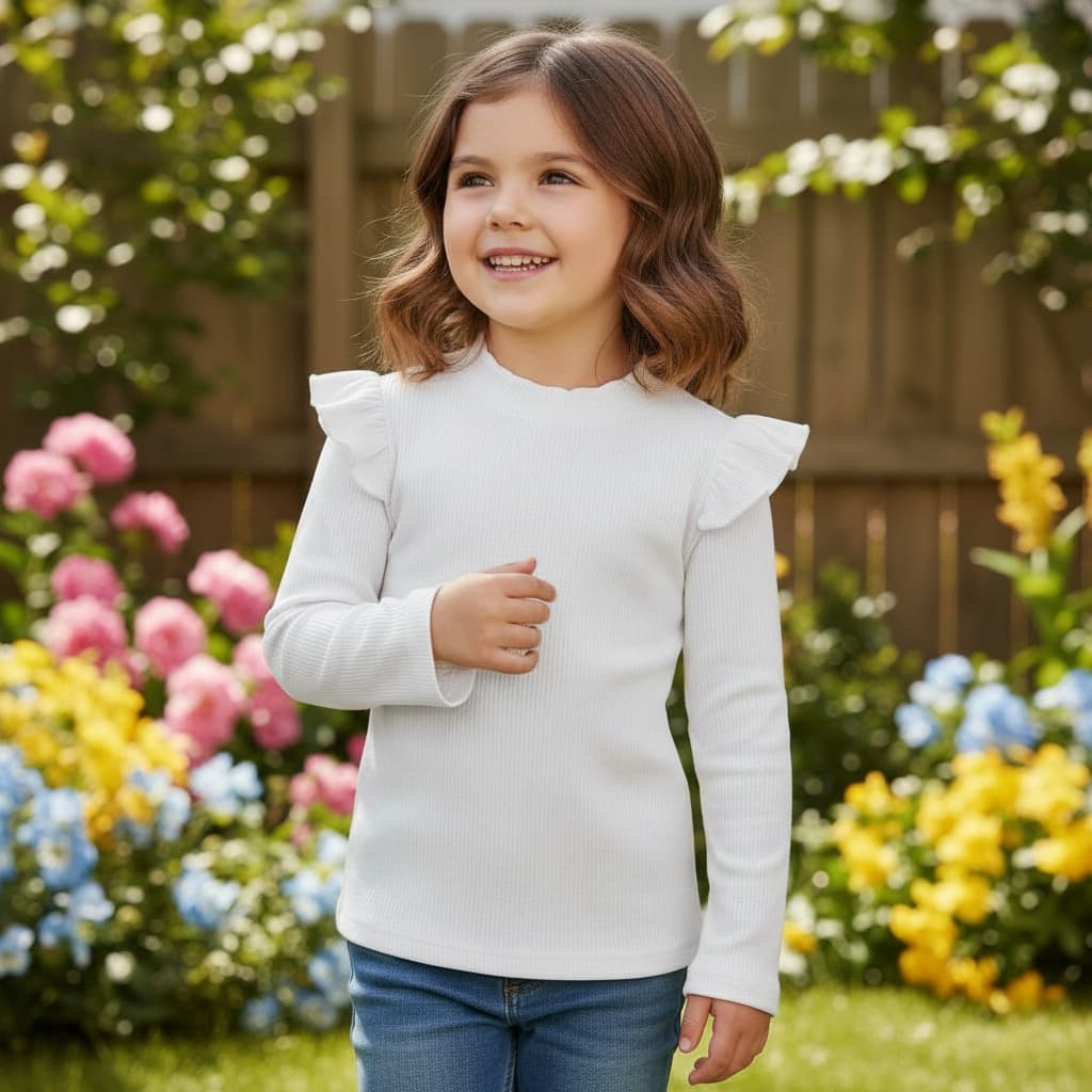 Blusa de Menina Infantil Manga Longa de Frio Inverno Babado em Canelado Algodão Macio e Confortável