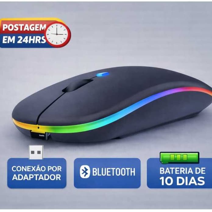 Mouse Bluetooth Sem Fio RGB Recarregável com Adaptador USB Bateria 10 Dias para Notebook e PC
