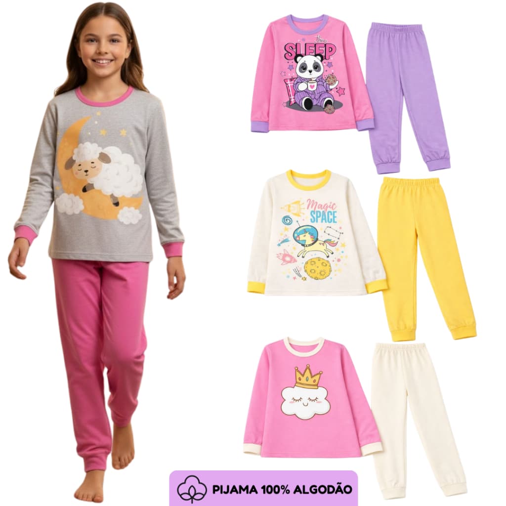 Kit Pijama Menina | Roupa Dormi 100% Algodão Inverno | Pijama Infantil 1 ao 14 anos