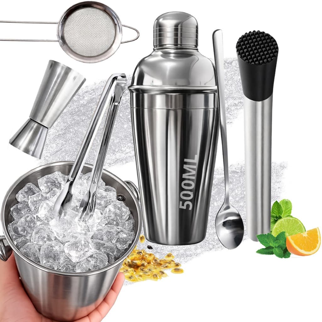 KIT Caipirinha Bartender 7 Pç Inox Coqueteira Socador Dosador Balde Colher Pegador  Peneira Completo